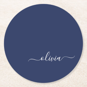 Navy Blue und White Modern Monogram Runder Pappuntersetzer