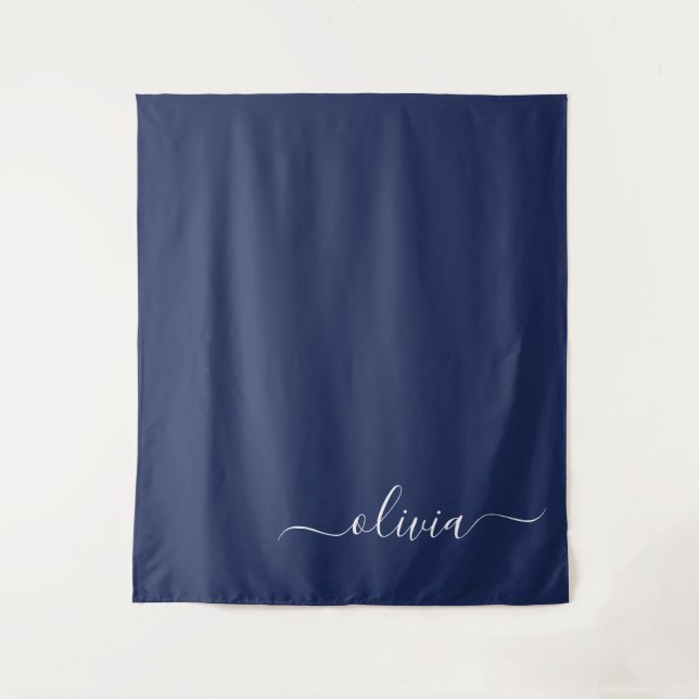 Navy Blue und White Modern Monogram Wandteppich (Vorderseite)