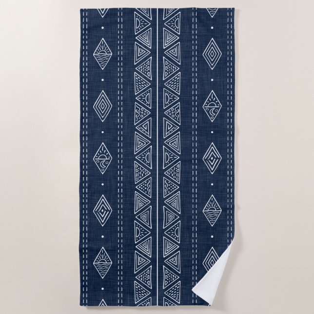 Navy Blue und White Modern Tribal Muster Sommer Strandtuch (Vorderseite)