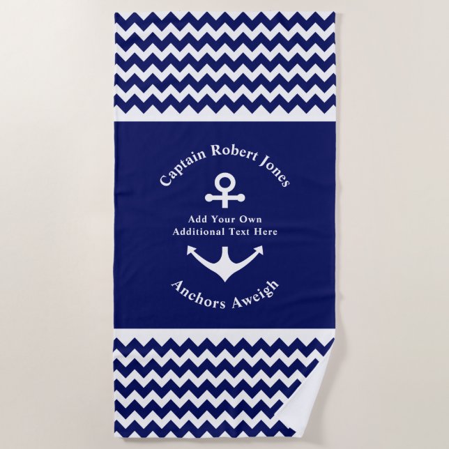 Navy Blue und White Nautical Anchor Benutzerdefini Strandtuch (Vorderseite)