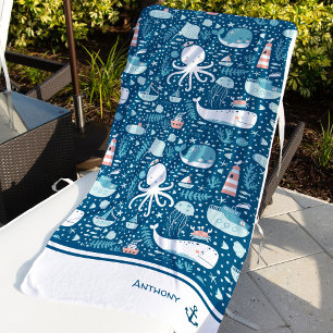 Navy Blue und White Nautical Pattern Boy Strandtuch