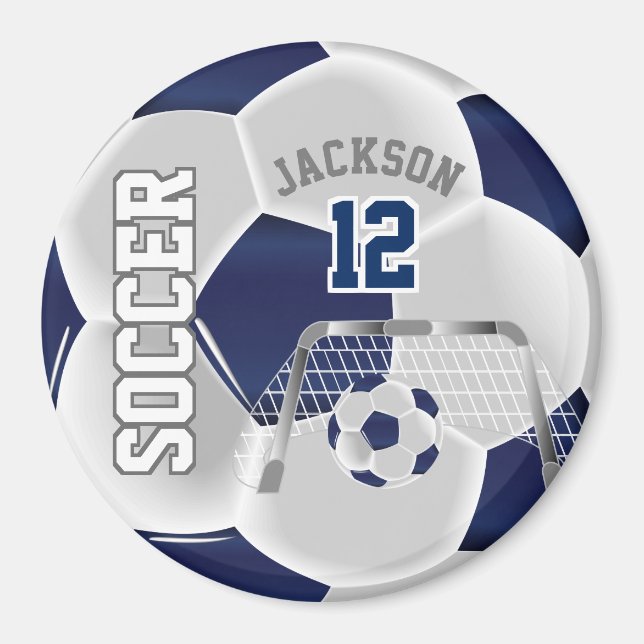 Navy Blue und White Personalize Soccer Ball Magnet (Vorne)