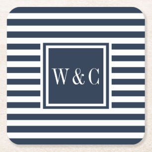 Navy Blue und White Strip Monogramm Rechteckiger Pappuntersetzer