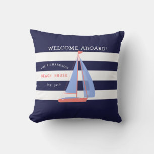 Navy Blue und White Stripes und Segelboot Nautic Kissen