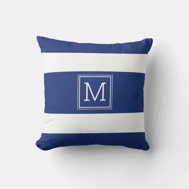 Navy Blue und White Strips einfache Monogramm Cust Kissen (Vorderseite)