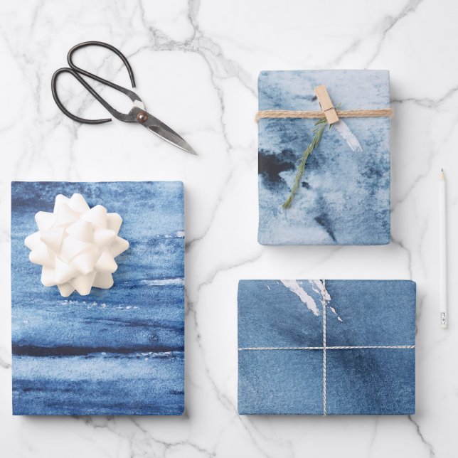 Navy Blue und White Water Color Abstrakt Geschenkpapier Set (Vorderseite)