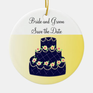 Navy Blue und Yellow Cake Save the Date Keramikornament