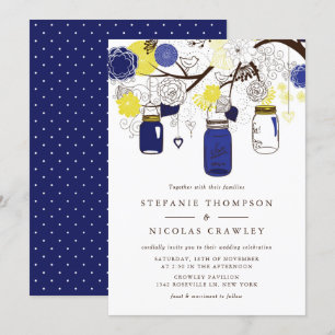 Navy Blue und Yellow Hanging Mason Jars Wedding Einladung