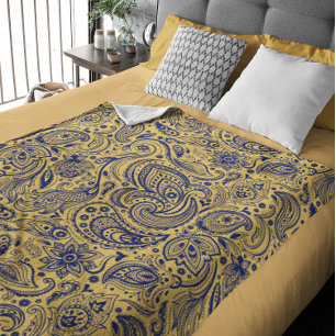 Navy Blue und Yellow Vintag Floral Paisley Fleecedecke