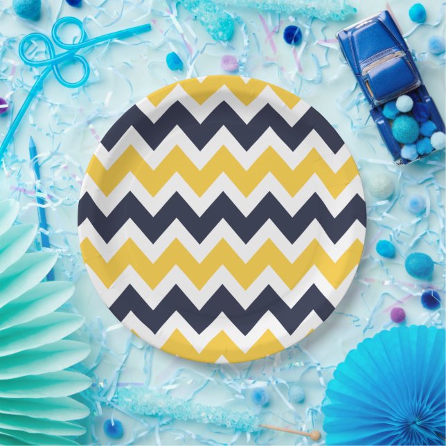 Navy Blue und Yellow Zickzack Pappteller (Party)