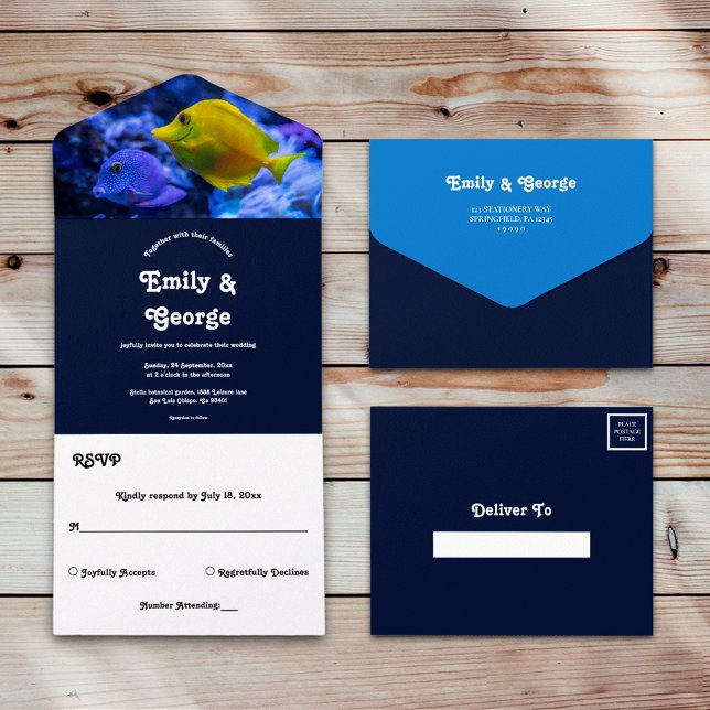 Navy Blue Underwater Sea Fish Nautical wedding All In One Einladung (Von Creator hochgeladen)