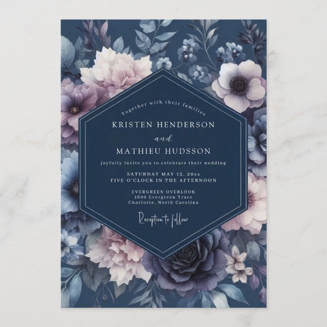 Navy Blue Velvety Botanical Wedding Einladung (Vorderseite)
