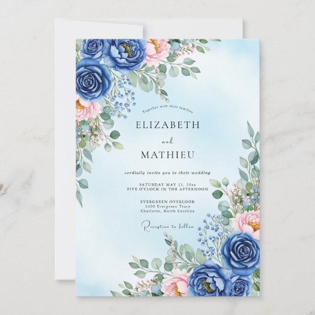 Navy Blue Verdant Spring Wedding Einladung (Vorderseite)