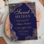 Navy Blue vergoldet Blütenelegante 16 . Geburtstag Einladung<br><div class="desc">Eine moderne,  hübsche,  schicke und elegante goldblütige Illustration und marineblaue 16 . Geburtstag Party Einladung mit goldenen Blume .</div>