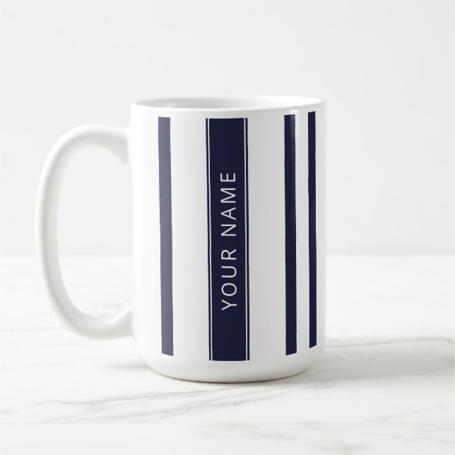 Navy Blue Vertikale Streifen mit Ihrem Namen Tasse (Links)