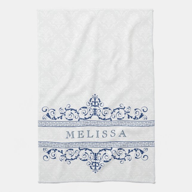 Navy Blue Vintag Floral Wirbel Frame Geschirrtuch (Vertikal)
