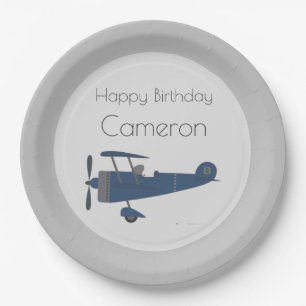 Navy Blue Vintag Flugzeug Boy's Individuelle Name Pappteller