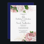 Navy Blue Vintag Pink Floral 16. Geburtstag Einladung<br><div class="desc">Elegante botanische mit rot rosa Blumen (Rose) auf weiß und marineblau 16. Geburtstagsparty / 16 . Geburtstag Einladung.</div>