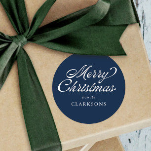 Navy Blue Vintag Script Moderne Frohe Weihnachten Runder Aufkleber