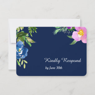 Navy Blue Violet Moderne Blumenhochzeit RSVP Karte