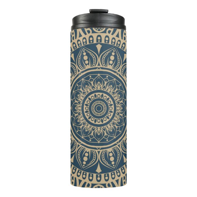 Navy Blue Vollprint Mandala Muster Eine praktische Thermosbecher (Vorderseite)
