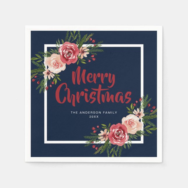 Navy Blue Watercolor-Blume Weihnachten Serviette (Vorderseite)