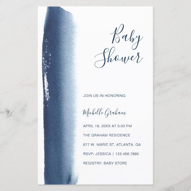 Navy Blue Watercolor Boy Baby Shower Einladung (Vorderseite)