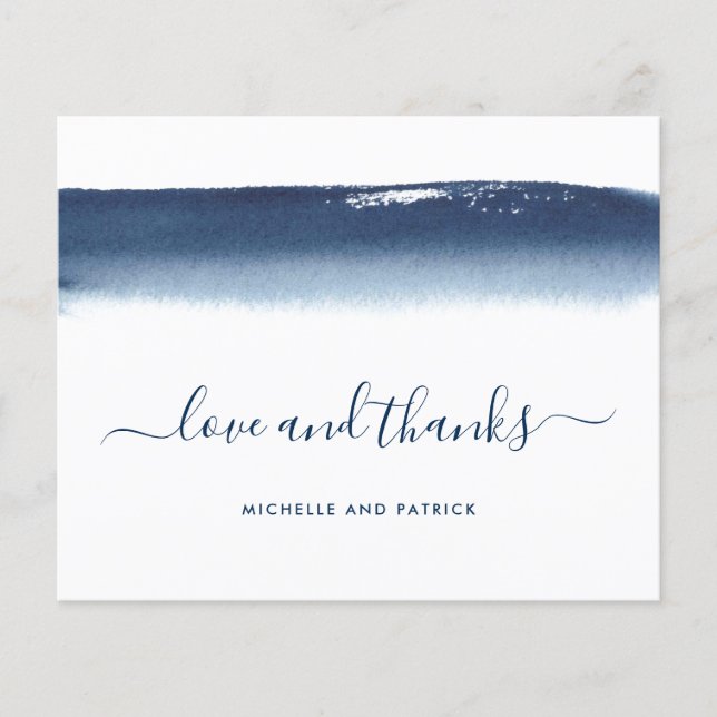 Navy Blue Watercolor Budget Hochzeit Danke Karte (Vorderseite)