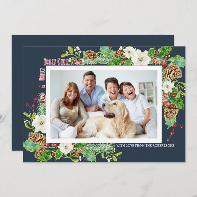 Navy Blue Watercolor Christmas Holly Jolly Floral Einladung (Vorne/Hinten)