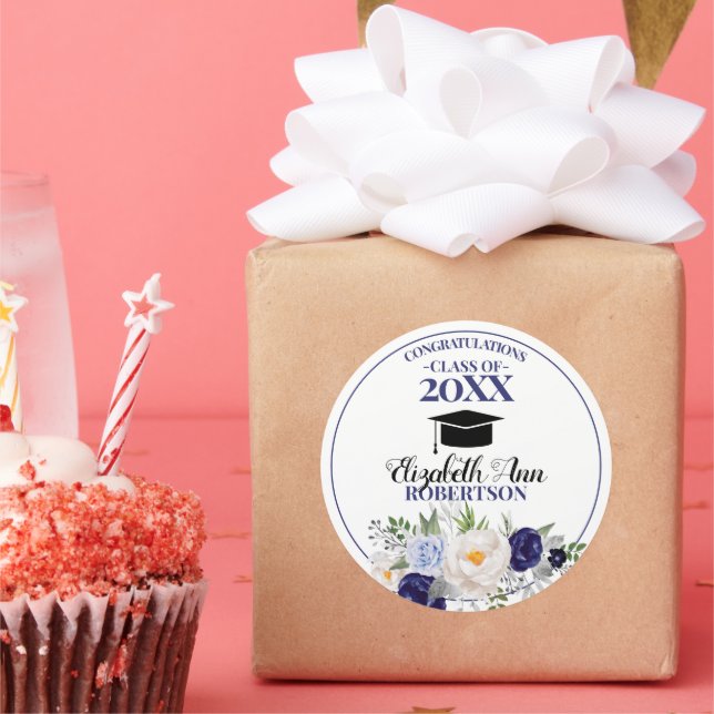 Navy Blue Watercolor Floral Abschluss Runder Aufkleber (Party)