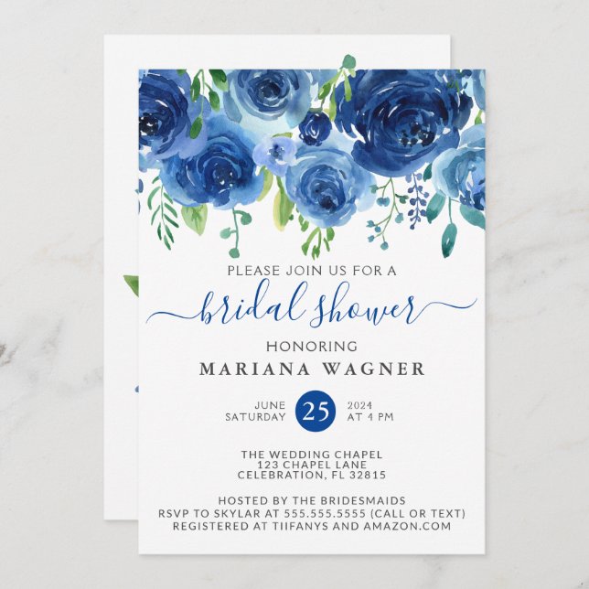 Navy Blue Watercolor Floral Brautparty Invitati Einladung (Vorne/Hinten)