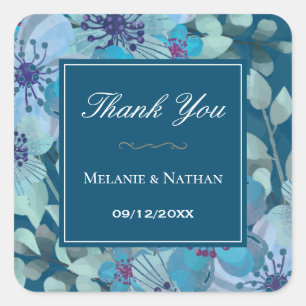 Navy Blue Watercolor Floral Elegant Vielen Dank Quadratischer Aufkleber