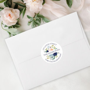 Navy Blue Watercolor Floral Rücksendeadresse Runder Aufkleber