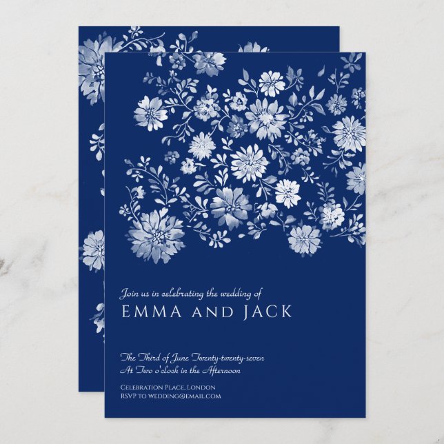 Navy Blue Watercolor Floral Wedding Invitation Einladung (Vorne/Hinten)