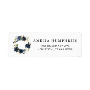 Navy Blue Watercolor Floral Wreath Gold-Adresse