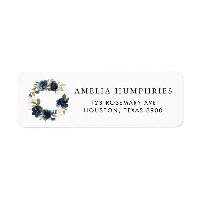 Navy Blue Watercolor Floral Wreath Gold-Adresse (Vorne)