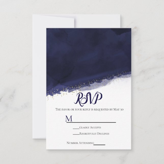 Navy Blue Watercolor Gold Moderne schicke Hochzeit RSVP Karte (Vorderseite)