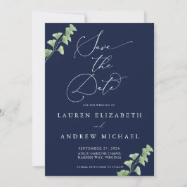 Navy Blue Watercolor Greenery Save the Date Einladung