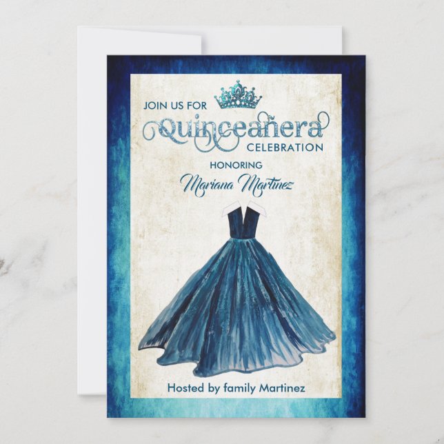 Navy Blue Watercolor Handgezeichnetes Ballkleid Qu Einladung (Vorderseite)