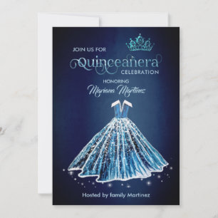 Navy Blue Watercolor Handgezeichnetes Ballkleid Qu Einladung