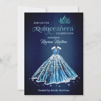 Navy Blue Watercolor Handgezeichnetes Ballkleid Qu Einladung