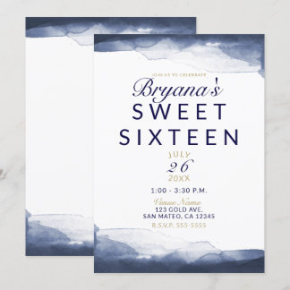 Navy Blue Watercolor Moderner Chic Sweet 16 Party Einladung