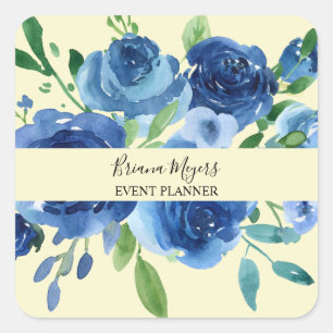 Navy Blue Watercolor Modernes, blumengelbes Skript Quadratischer Aufkleber