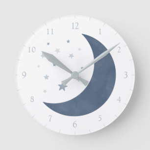 Navy Blue Watercolor Moon and Stars Runde Wanduhr