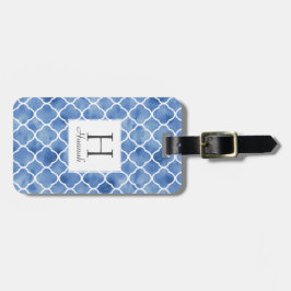 Navy Blue Watercolor Quatrefolienmuster Monogramm Gepäckanhänger