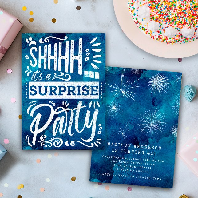 Navy Blue Watercolor Shh Surprise Birthday Party Einladung (Von Creator hochgeladen)