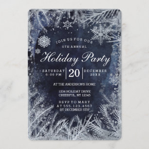 Navy Blue Watercolor & Silver Christmas Party Einladung
