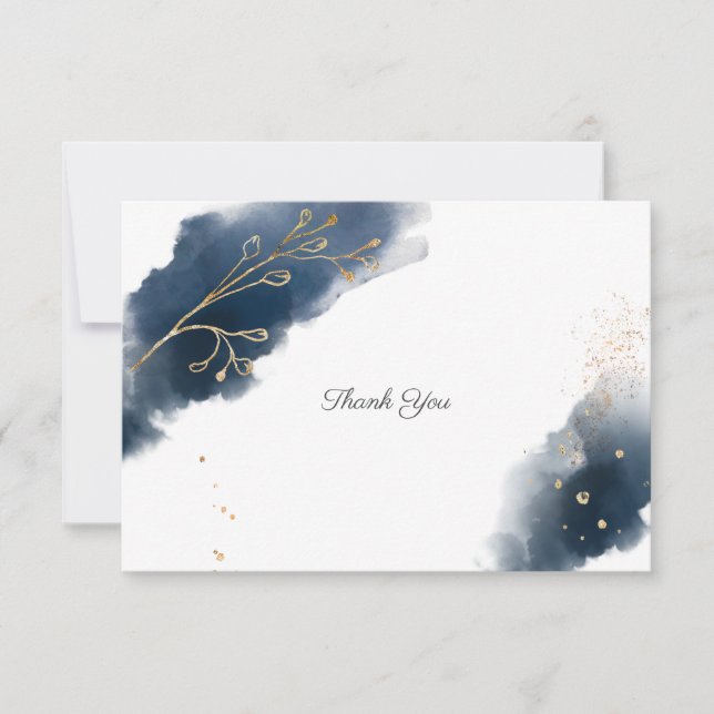 Navy Blue Watercolor Splash Gold Spritzer Hochzeit Dankeskarte (Vorderseite)