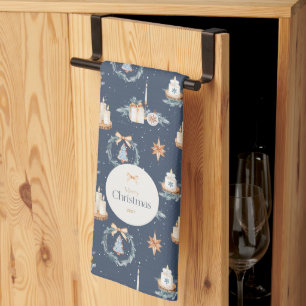 Navy Blue Watercolor Weihnachtsküche Handtuch