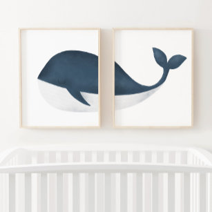 Navy Blue Watercolor Whale Beach Kinderzimmer Bilderwand Sets